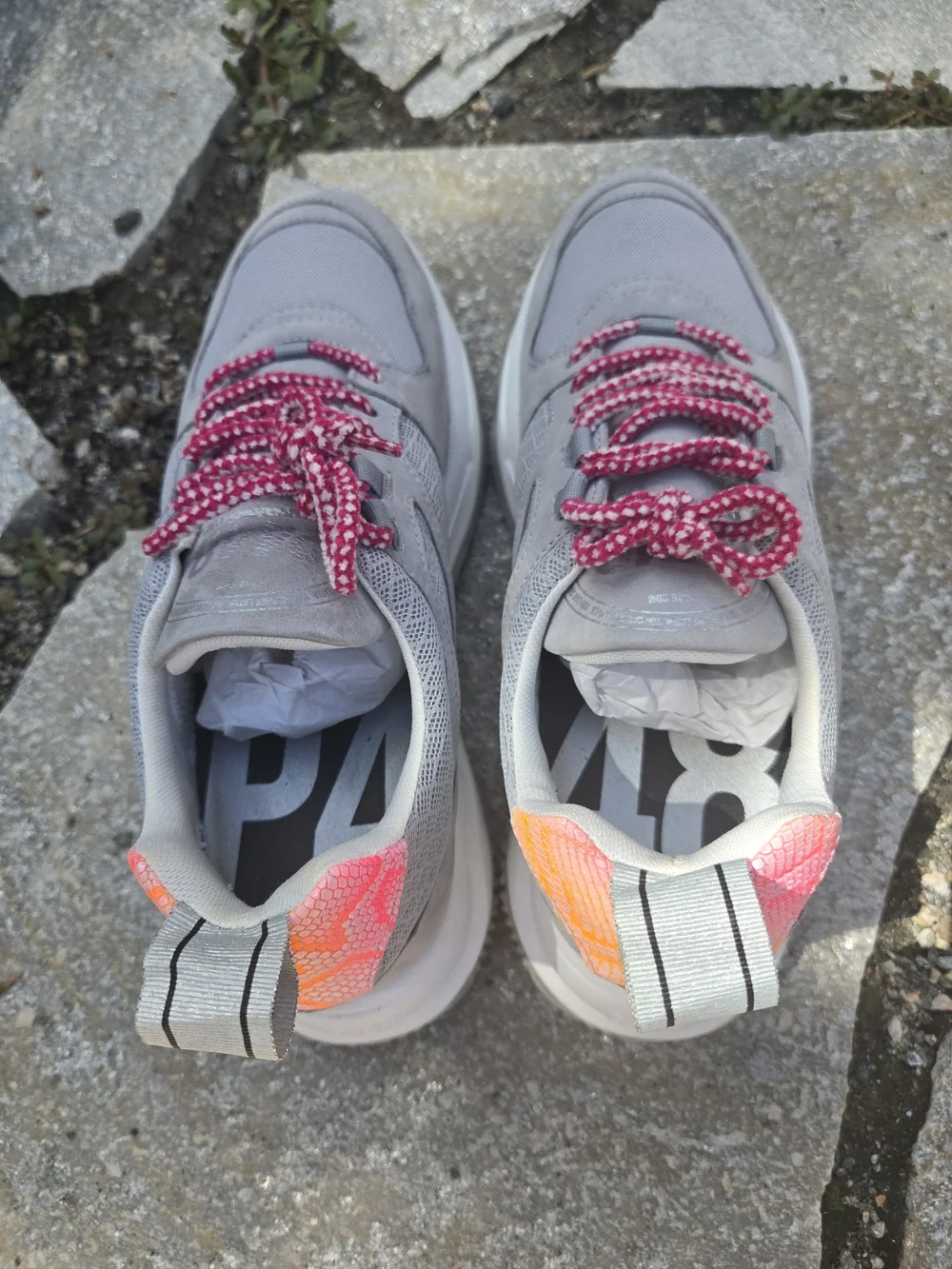 P448 Women's Luke Sneaker — Gray with Pink Accent.